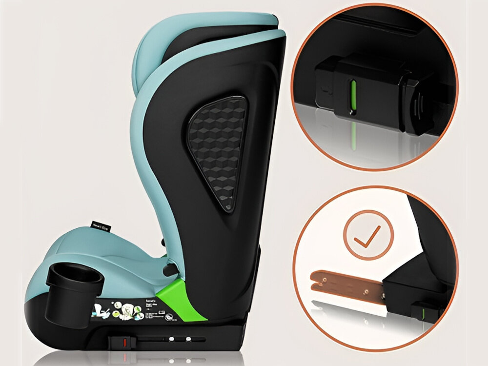 Fotelik samochodowy LIONELO Neal i-Size 100-150 cm (15-36 kg) Turkusowy fotelik na białym tle widoczny z boku w kółkach zbliżenie na system ISOFIX przodem do kierunku jazdy montaż za pomocą ISOFIX i Top Tether konieczne jest użycie pasów samochodowych trwałe i stabilne połączenie z pojazdem specjalne oznaczenia zmieniające kolor z czerwonego na zielony potwierdzają poprawne zapięcie