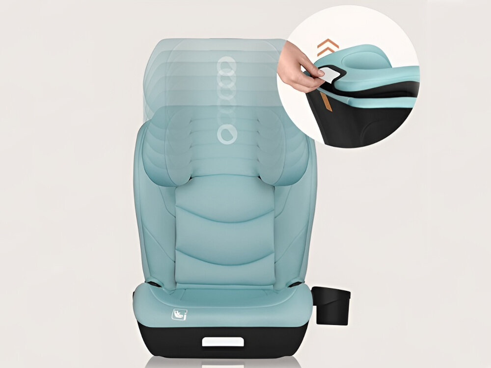 Fotelik samochodowy LIONELO Neal i-Size 100-150 cm (15-36 kg) Turkusowy fotelik na białym tle widoczny od przodu obok w kółku zbliżenie na dźwignię do regulacji zagłówka osoba trzyma dźwignię w dłoni regulacja zagłówka w 10 pozycjach w zakresie do 57 do 81 cm za pomocą jednej ręki siedzisko można ustawić w 4 pozycjach nachylenia dostosować fotelik do wzrostu i preferencji dziecka ergonomiczne podparcie