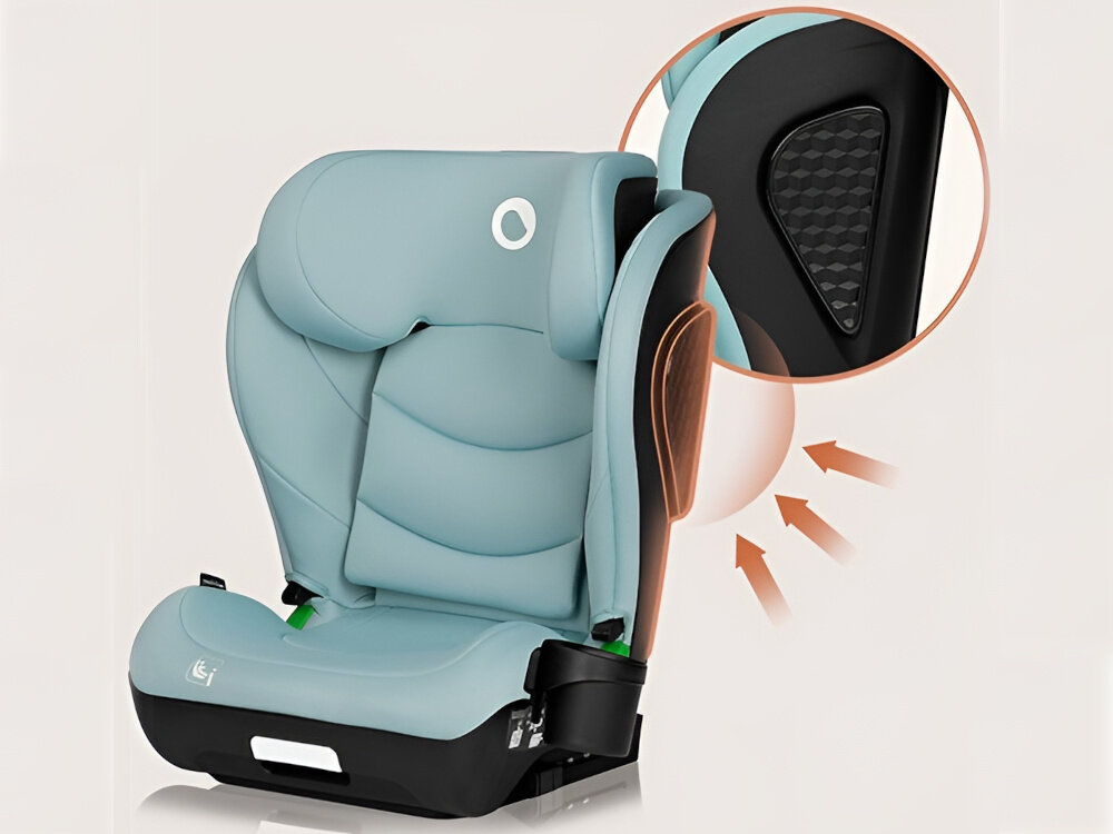 Fotelik samochodowy LIONELO Neal i-Size 100-150 cm (15-36 kg) Turkusowy fotelik na białym tle widoczny od przodu pod skosem obok zbliżenie na osłonę boczną z wytrzymałego tworzywa PP pianki EPP skorupa została wzmocniona stalą i aluminium solidna ochrona przy minimalnej wadze (7 kg) energochłonne materiały obszerny zagłówek chronią głowę i tułów dziecka ergonomiczne siedzisko