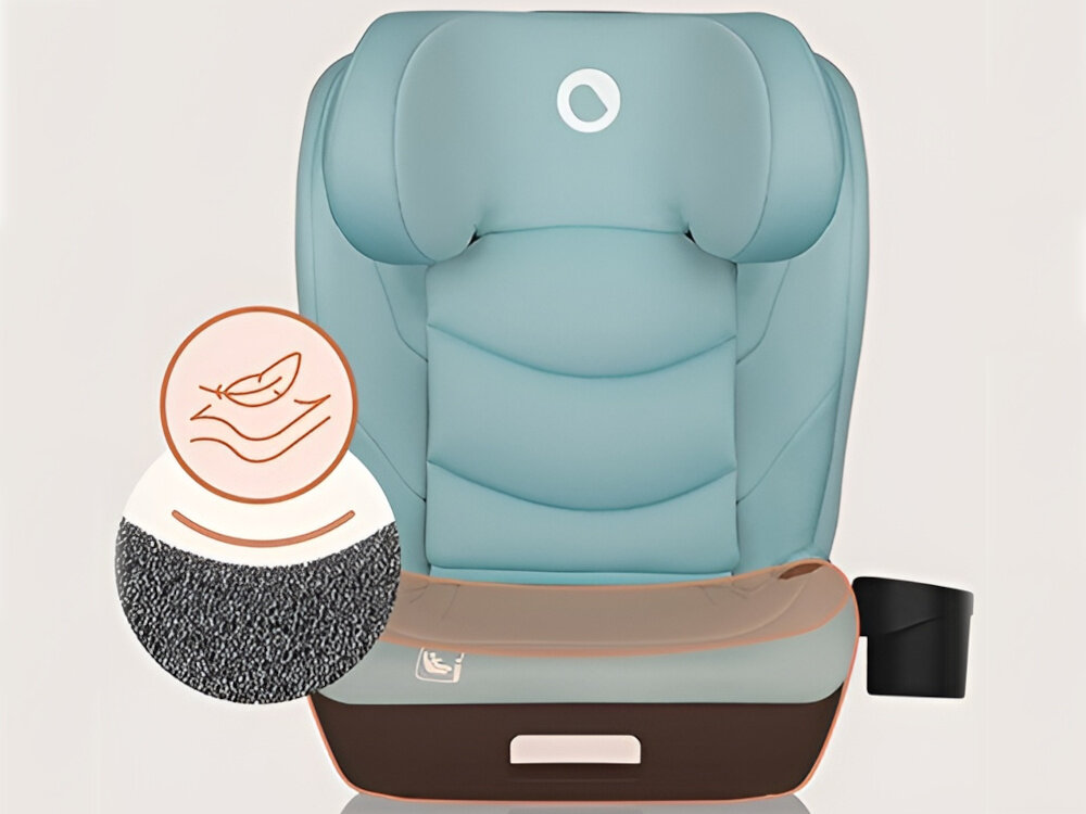 Fotelik samochodowy LIONELO Neal i-Size 100-150 cm (15-36 kg) Turkusowy fotelik na białym tle widoczny od przodu duże siedzisko pokryte miękką pianką EPE stabilne i komfortowe podparcie swobodne ruchy dziecka odpowiednie ukształtowanie szerokość siedziska około 41 cm
