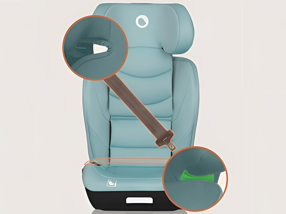 Fotelik samochodowy LIONELO Neal i-Size 100-150 cm (15-36 kg) Turkusowy fotelik na białym tle widoczny od przodu zbliżenie w kółkach na prowadnice do pasów bezpieczeństwa nie ma wbudowanych pasów do montażu wykorzystuje się samochodowe pasy bezpieczeństwa z systemem ISOFIX i Top Tether zielone prowadnice pokazują prawidłowy kierunek prowadzenia pasów stabilne i bezpieczne umocowanie fotelika