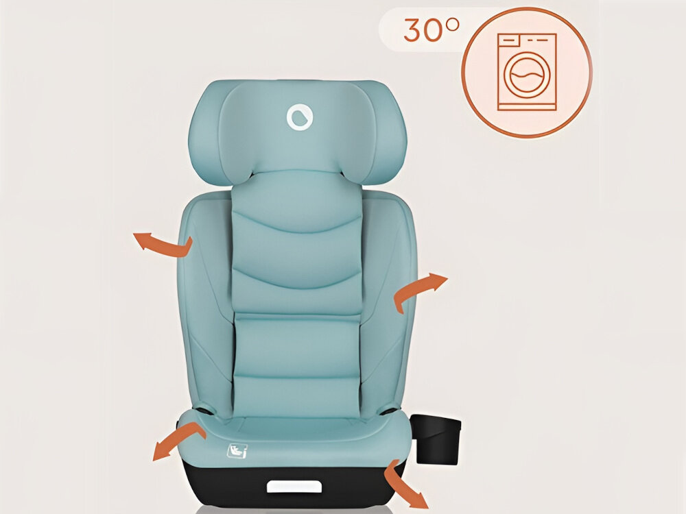 Fotelik samochodowy LIONELO Neal i-Size 100-150 cm (15-36 kg) Turkusowy fotelik na białym tle widoczny od przodu strzałki pokazujące kierunek zdejmowania tapicerki ikona pralki napis 30° zdejmowana tapicerka wykonana w 100% z poliestru można odkurzać na co dzień prać w pralce w 30°C łatwe czyszczenie higieniczne środowisko przyjemny wygląd fotelika