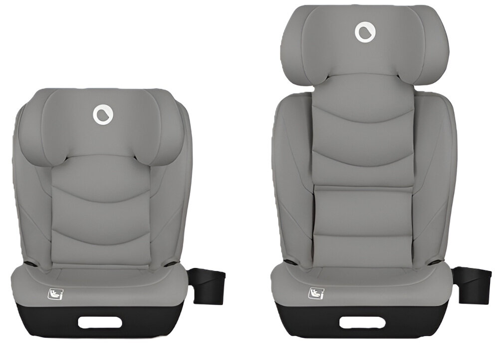 Fotelik samochodowy LIONELO Neal i-Size 100-150 cm (15-36 kg) Szary fotelik na białym tle widoczny od przodu w dwóch ujęciach ze schowanym i wyciągniętym zagłówkiem do bezpiecznego i wygodnego przewożenia dziecka od 100 do 150 cm wzrostu i o wadze od 15 do 36 kg stabilne podparcie intuicyjne dopasowanie wbudowane systemy ochronne szeroki zakres regulacji