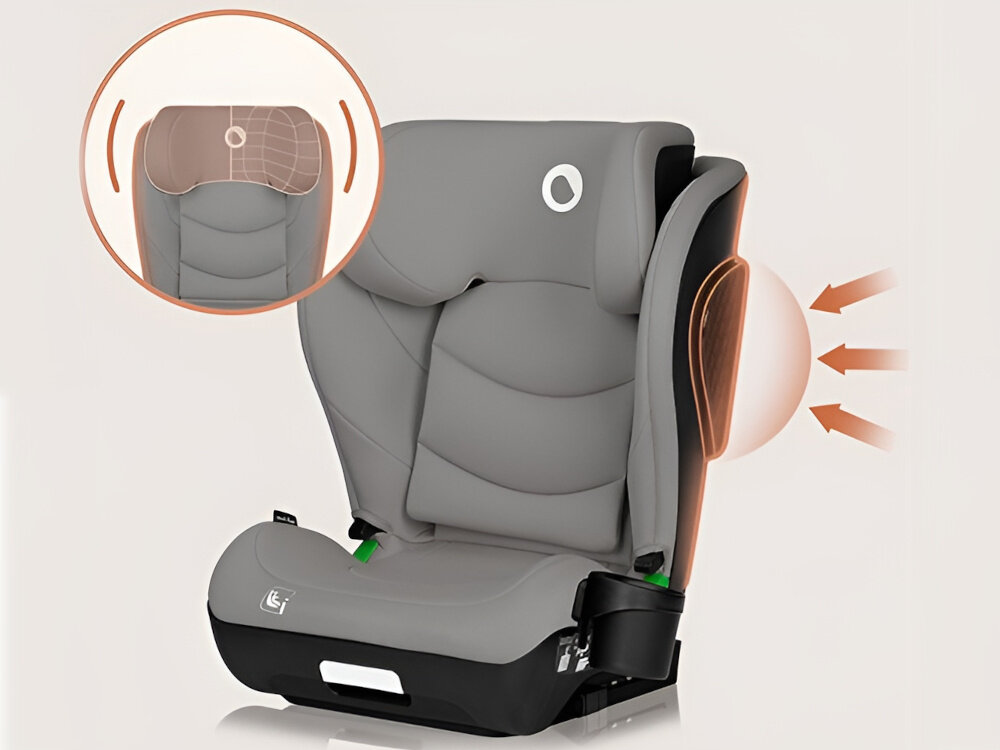 Fotelik samochodowy LIONELO Neal i-Size 100-150 cm (15-36 kg) Szary fotelik na białym tle widoczny od przodu pod skosem obok zbliżenie na wzmocniony zagłówek i ochronę boczną spełnia normę ECE R129 i-Size wzmocniony zagłówek dodatkowa ochrona boczna bezpieczeństwo dziecka duża absorpcyjna konstrukcja zagłówka energochłonne materiały redukują przeciążenia