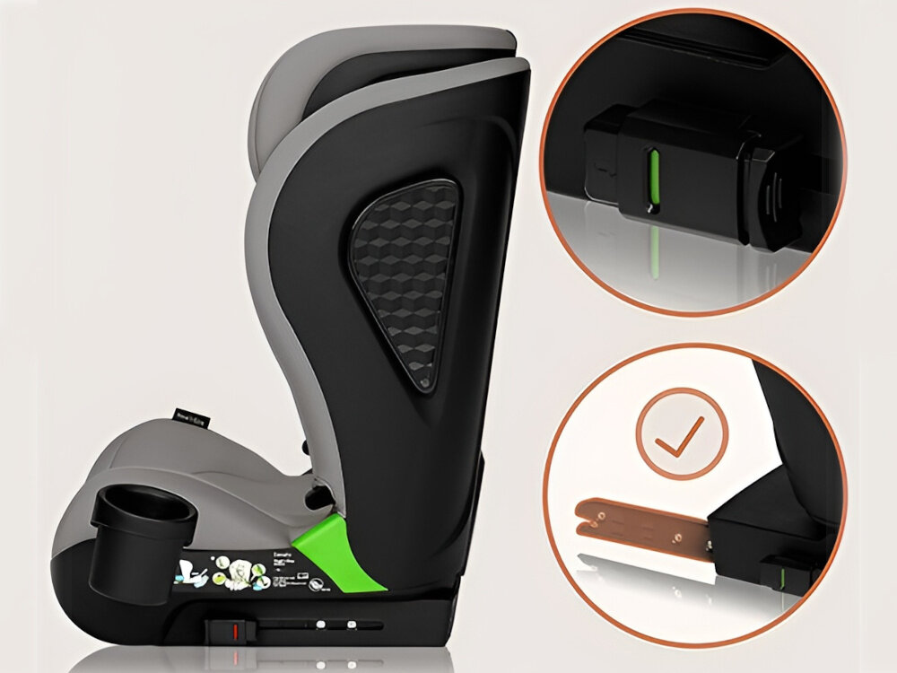 Fotelik samochodowy LIONELO Neal i-Size 100-150 cm (15-36 kg) Szary fotelik na białym tle widoczny z boku w kółkach zbliżenie na system ISOFIX przodem do kierunku jazdy montaż za pomocą ISOFIX i Top Tether konieczne jest użycie pasów samochodowych trwałe i stabilne połączenie z pojazdem specjalne oznaczenia zmieniające kolor z czerwonego na zielony potwierdzają poprawne zapięcie