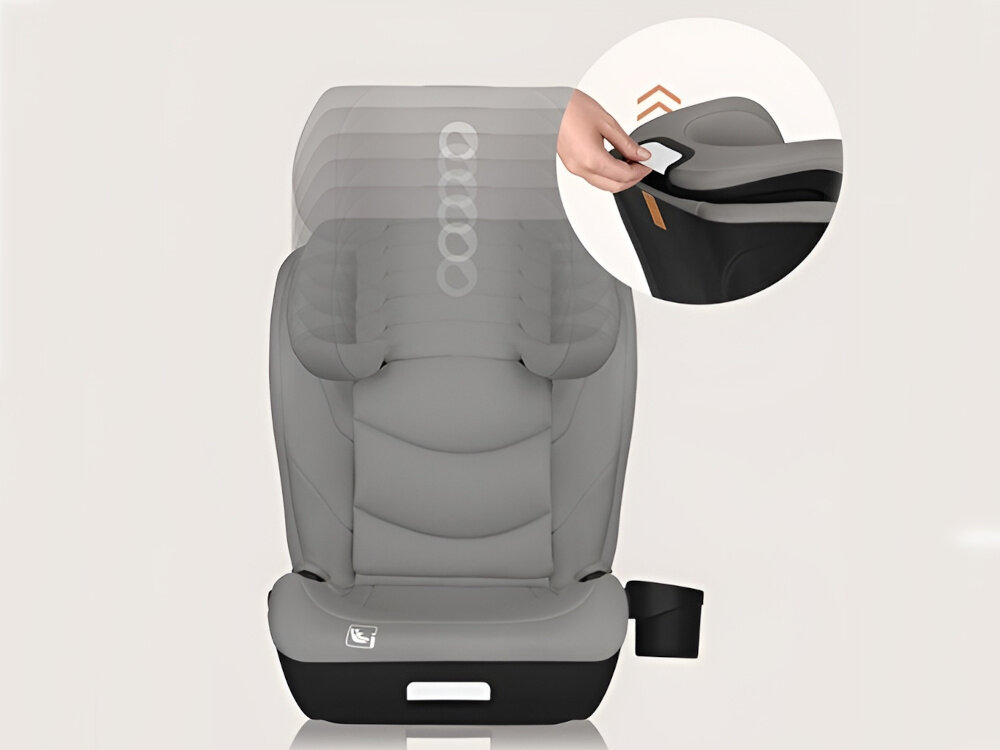 Fotelik samochodowy LIONELO Neal i-Size 100-150 cm (15-36 kg) Szary fotelik na białym tle widoczny od przodu obok w kółku zbliżenie na dźwignię do regulacji zagłówka osoba trzyma dźwignię w dłoni regulacja zagłówka w 10 pozycjach w zakresie do 57 do 81 cm za pomocą jednej ręki siedzisko można ustawić w 4 pozycjach nachylenia dostosować fotelik do wzrostu i preferencji dziecka ergonomiczne podparcie