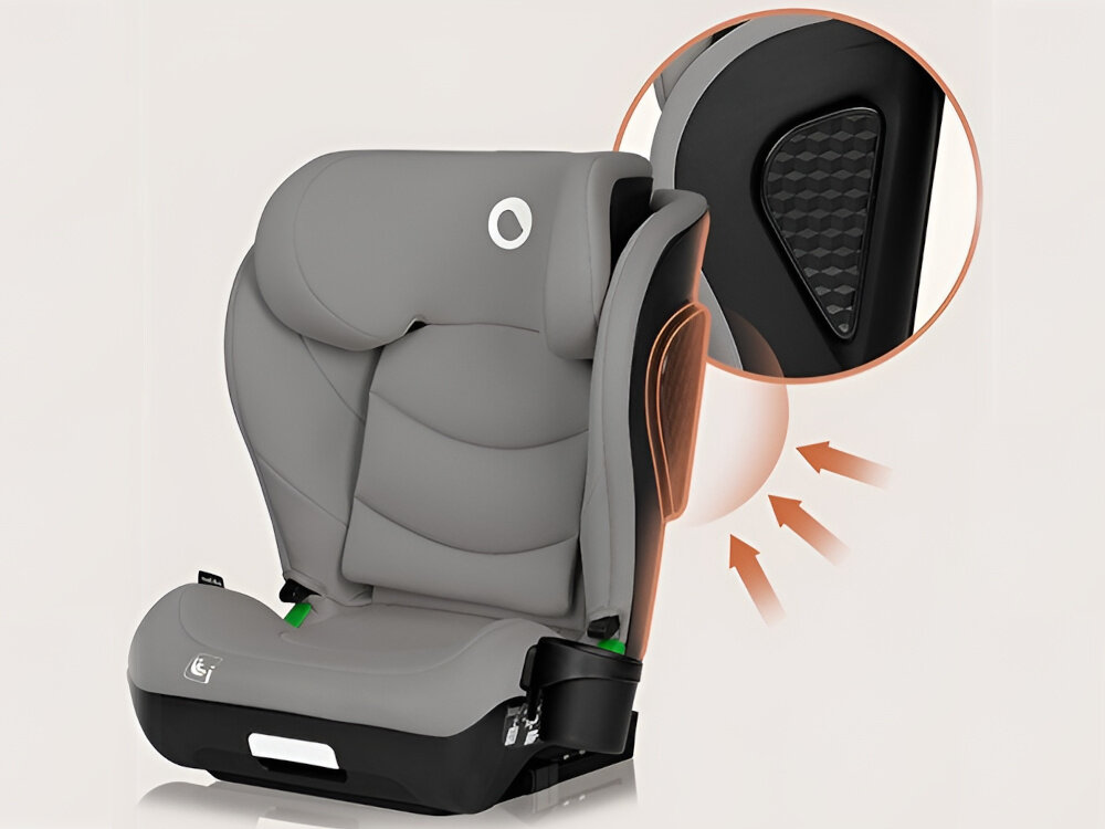 Fotelik samochodowy LIONELO Neal i-Size 100-150 cm (15-36 kg) Szary fotelik na białym tle widoczny od przodu pod skosem obok zbliżenie na osłonę boczną z wytrzymałego tworzywa PP pianki EPP skorupa została wzmocniona stalą i aluminium solidna ochrona przy minimalnej wadze (7 kg) energochłonne materiały obszerny zagłówek chronią głowę i tułów dziecka ergonomiczne siedzisko
