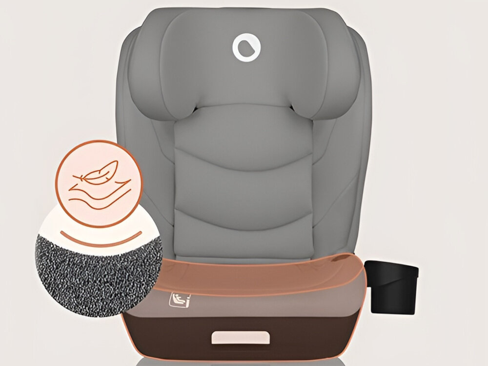 Fotelik samochodowy LIONELO Neal i-Size 100-150 cm (15-36 kg) Szary fotelik na białym tle widoczny od przodu duże siedzisko pokryte miękką pianką EPE stabilne i komfortowe podparcie swobodne ruchy dziecka odpowiednie ukształtowanie szerokość siedziska około 41 cm
