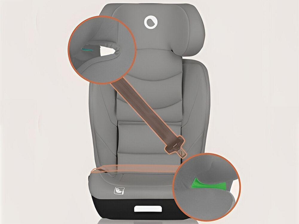 Fotelik samochodowy LIONELO Neal i-Size 100-150 cm (15-36 kg) Szary fotelik na białym tle widoczny od przodu zbliżenie w kółkach na prowadnice do pasów bezpieczeństwa nie ma wbudowanych pasów do montażu wykorzystuje się samochodowe pasy bezpieczeństwa z systemem ISOFIX i Top Tether zielone prowadnice pokazują prawidłowy kierunek prowadzenia pasów stabilne i bezpieczne umocowanie fotelika