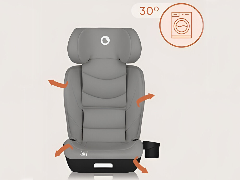 Fotelik samochodowy LIONELO Neal i-Size 100-150 cm (15-36 kg) Szary fotelik na białym tle widoczny od przodu strzałki pokazujące kierunek zdejmowania tapicerki ikona pralki napis 30° zdejmowana tapicerka wykonana w 100% z poliestru można odkurzać na co dzień prać w pralce w 30°C łatwe czyszczenie higieniczne środowisko przyjemny wygląd fotelika