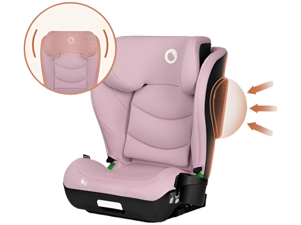 Fotelik samochodowy LIONELO Neal i-Size 100-150 cm (15-36 kg) Różowy fotelik na białym tle widoczny od przodu pod skosem obok zbliżenie na wzmocniony zagłówek i ochronę boczną spełnia normę ECE R129 i-Size wzmocniony zagłówek dodatkowa ochrona boczna bezpieczeństwo dziecka duża absorpcyjna konstrukcja zagłówka energochłonne materiały redukują przeciążenia