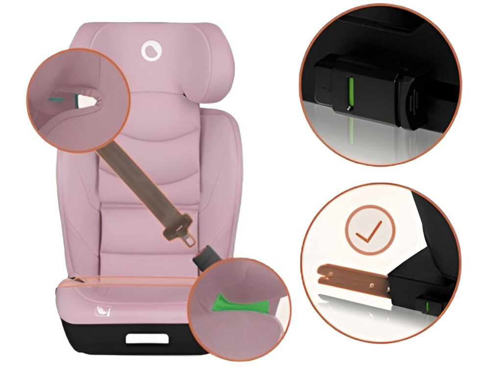 Fotelik samochodowy LIONELO Neal i-Size 100-150 cm (15-36 kg) Różowy fotelik na białym tle widoczny przodem w kółkach zbliżenie na system ISOFIX przodem do kierunku jazdy montaż za pomocą ISOFIX i Top Tether konieczne jest użycie pasów samochodowych trwałe i stabilne połączenie z pojazdem specjalne oznaczenia zmieniające kolor z czerwonego na zielony potwierdzają poprawne zapięcie