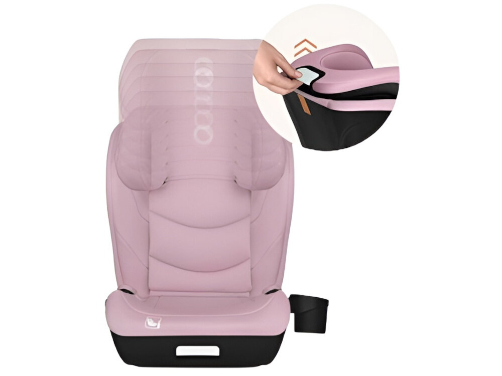 Fotelik samochodowy LIONELO Neal i-Size 100-150 cm (15-36 kg) Różowy fotelik na białym tle widoczny od przodu obok w kółku zbliżenie na dźwignię do regulacji zagłówka osoba trzyma dźwignię w dłoni regulacja zagłówka w 10 pozycjach w zakresie do 57 do 81 cm za pomocą jednej ręki siedzisko można ustawić w 4 pozycjach nachylenia dostosować fotelik do wzrostu i preferencji dziecka ergonomiczne podparcie