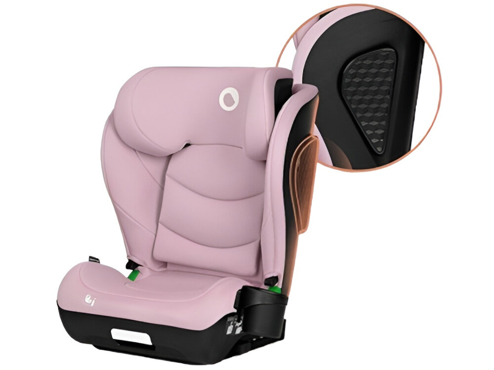 Fotelik samochodowy LIONELO Neal i-Size 100-150 cm (15-36 kg) Różowy fotelik na białym tle widoczny od przodu pod skosem obok zbliżenie na osłonę boczną z wytrzymałego tworzywa PP pianki EPP skorupa została wzmocniona stalą i aluminium solidna ochrona przy minimalnej wadze (7 kg) energochłonne materiały obszerny zagłówek chronią głowę i tułów dziecka ergonomiczne siedzisko