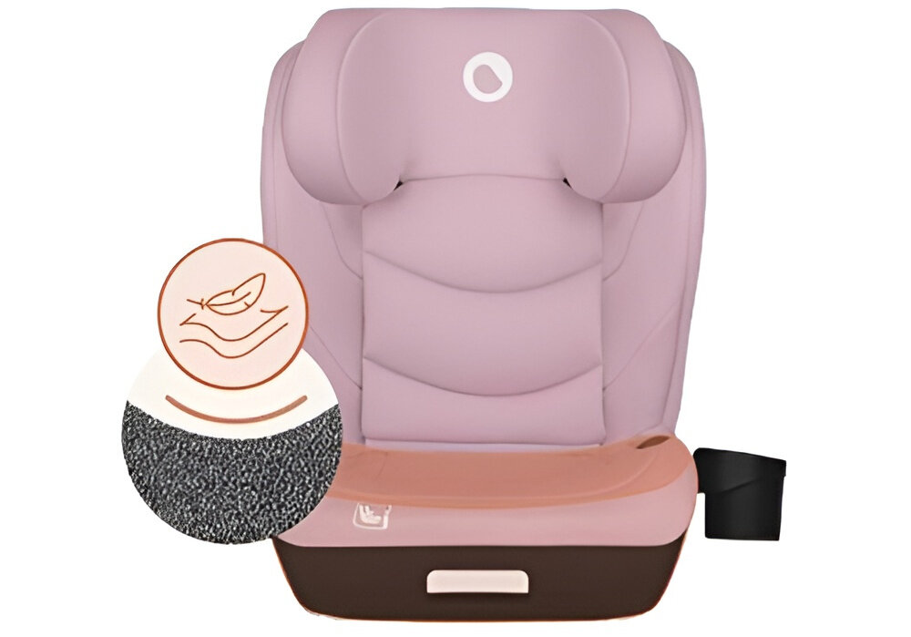 Fotelik samochodowy LIONELO Neal i-Size 100-150 cm (15-36 kg) Różowy fotelik na białym tle widoczny od przodu duże siedzisko pokryte miękką pianką EPE stabilne i komfortowe podparcie swobodne ruchy dziecka odpowiednie ukształtowanie szerokość siedziska około 41 cm