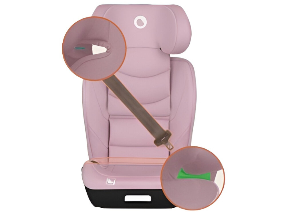 Fotelik samochodowy LIONELO Neal i-Size 100-150 cm (15-36 kg) Różowy fotelik na białym tle widoczny od przodu zbliżenie w kółkach na prowadnice do pasów bezpieczeństwa nie ma wbudowanych pasów do montażu wykorzystuje się samochodowe pasy bezpieczeństwa z systemem ISOFIX i Top Tether zielone prowadnice pokazują prawidłowy kierunek prowadzenia pasów stabilne i bezpieczne umocowanie fotelika