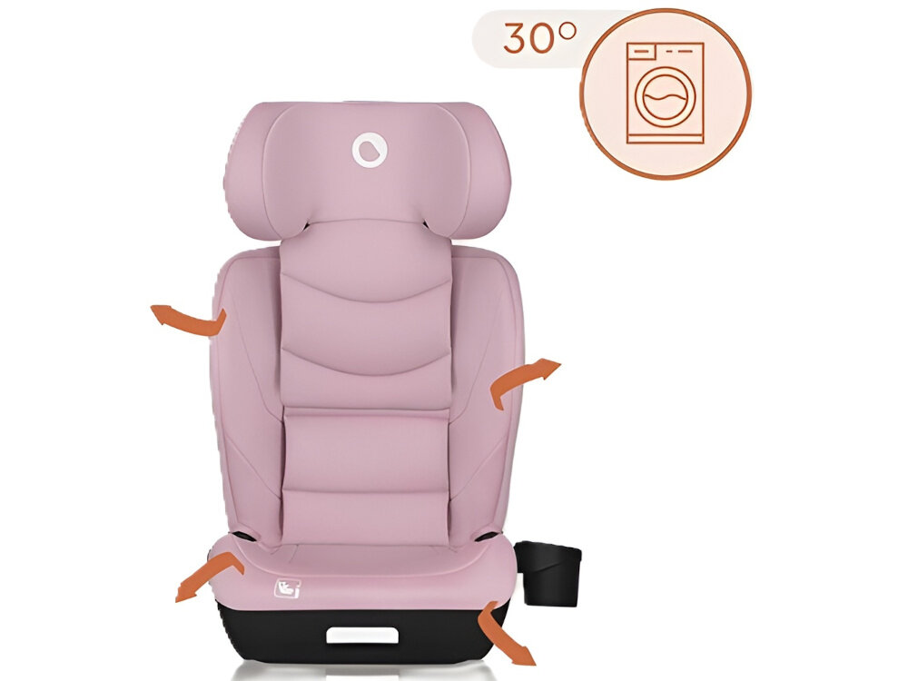 Fotelik samochodowy LIONELO Neal i-Size 100-150 cm (15-36 kg) Różowy fotelik na białym tle widoczny od przodu strzałki pokazujące kierunek zdejmowania tapicerki ikona pralki napis 30° zdejmowana tapicerka wykonana w 100% z poliestru można odkurzać na co dzień prać w pralce w 30°C łatwe czyszczenie higieniczne środowisko przyjemny wygląd fotelika