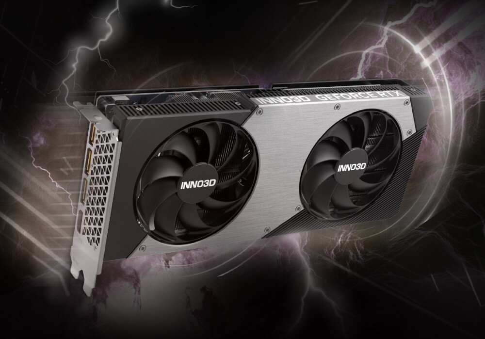Karta graficzna z dwoma dużymi wentylatorami, na której widoczne są napisy \'INNO3D\' i \'GEFORCE RTX\'. Tło jest dynamiczne, z efektami świetlnymi przypominającymi błyskawice.