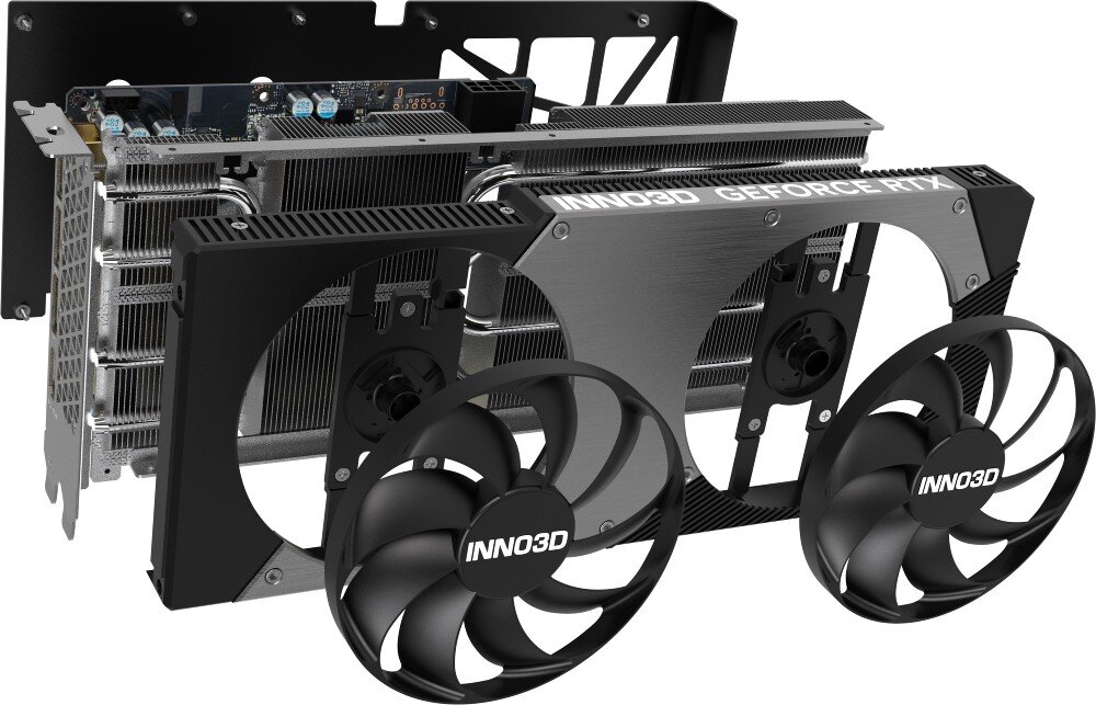 Obraz przedstawia kartę graficzną z dwoma dużymi wentylatorami i widocznym logo INNO3D na obudowie. Na karcie widoczny jest napis \'GEFORCE RTX\'.