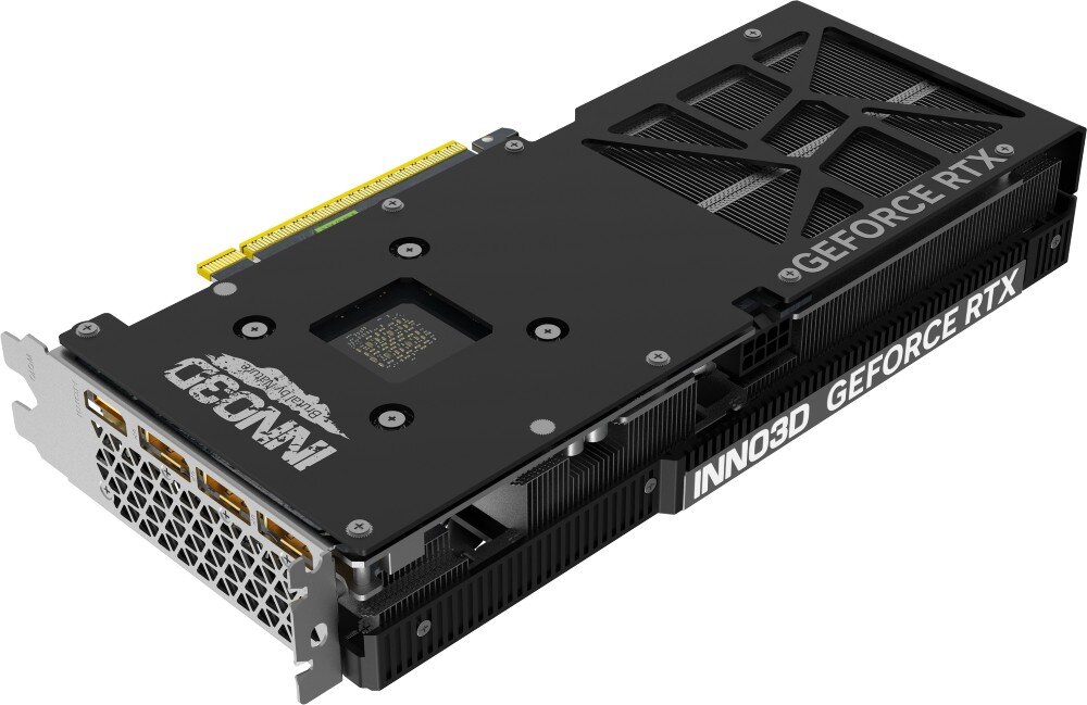 Karta graficzna z widocznym logo INNO3D oraz napisami GEFORCE RTX na obudowie. Posiada cztery porty wyjściowe i metalową osłonę z otworami wentylacyjnymi.