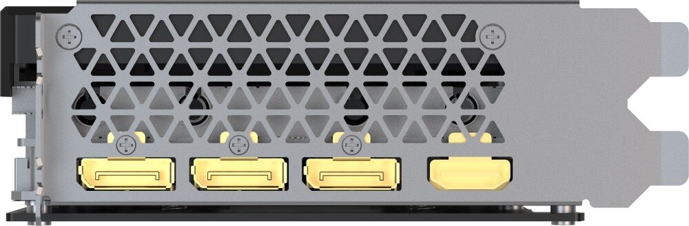 Obraz przedstawia tylny panel karty graficznej z czterema portami: trzema DisplayPort i jednym HDMI. Panel ma kratkowaną strukturę z trójkątnymi otworami.