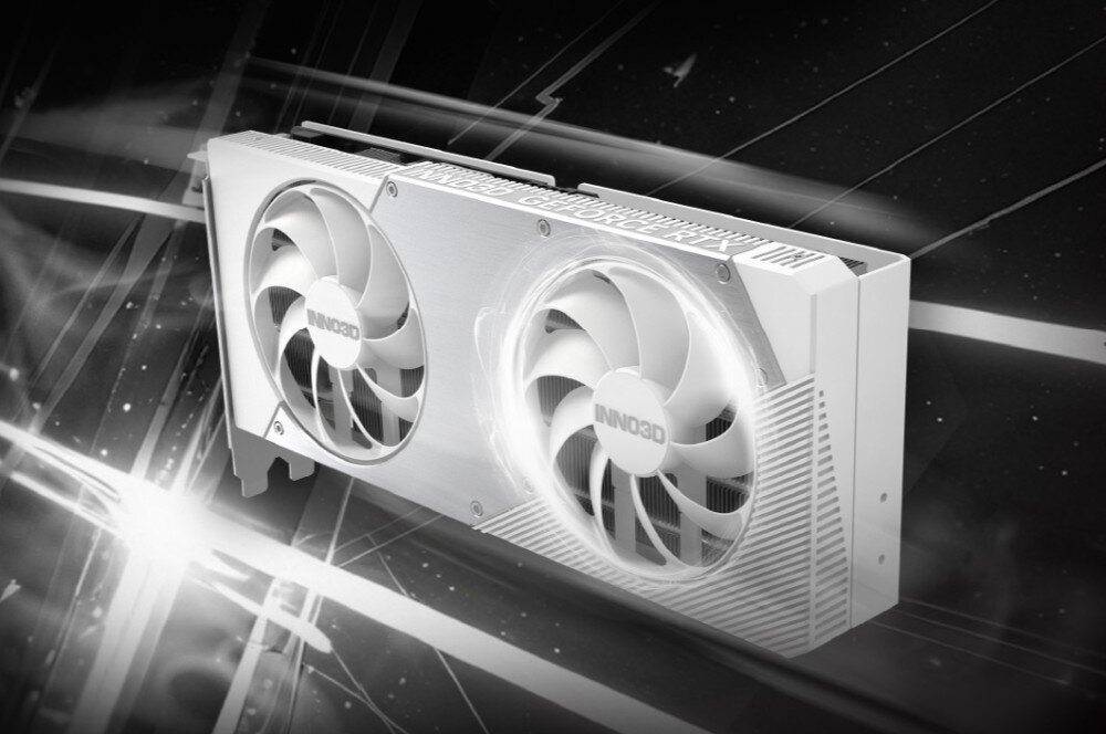 Karta graficzna INNO3D GeForce RTX 5060 Ti Twin X2 OC White 8GB Grafika przedstawiająca kartę graficzną z dwoma dużymi wentylatorami na tle ciemnego, abstrakcyjnego tła z niebieskimi i różowymi akcentami, opis