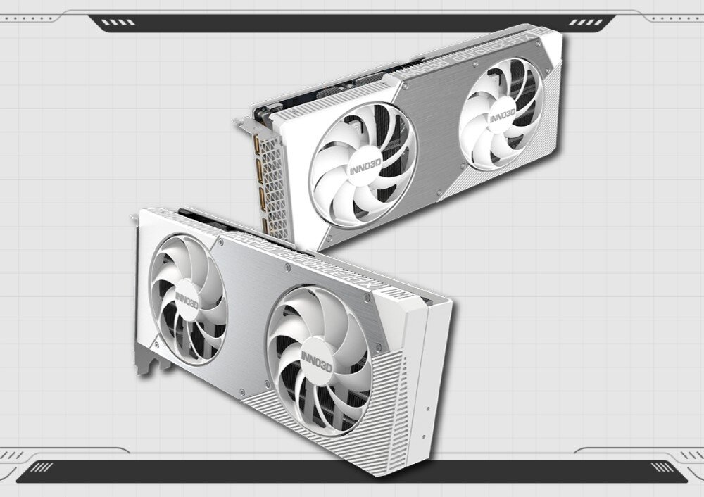 Karta graficzna INNO3D GeForce RTX 5060 Ti Twin X2 OC White 8GB Dwie karty graficzne z widocznymi wentylatorami i srebrnymi panelami na tle jasnoniebieskiego tła z pikselowymi grafikami, konstrukcja, wielkość