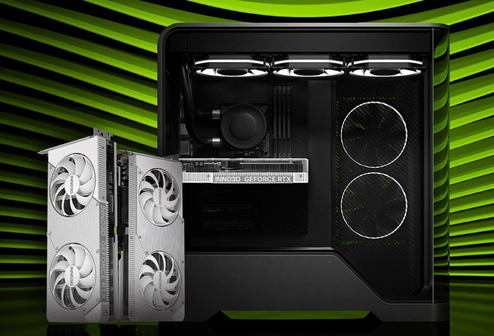 Karta graficzna INNO3D GeForce RTX 5060 Ti Twin X2 OC White 8GB Karta graficzna prezentowana obok obudowy komputera z otwartym panelem bocznym, w której znajduje się zamontowana identyczna karta. Tło ma zielono-czarne pasy, architektura, rdzenie CUDA, taktowanie, technologie