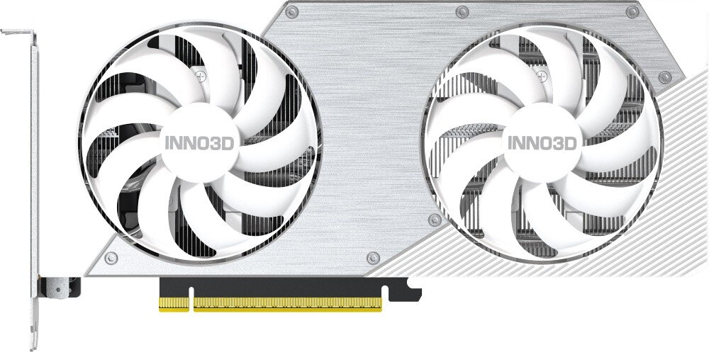 Karta graficzna INNO3D GeForce RTX 5060 Ti Twin X2 OC White 8GB Widok z góry na kartę graficzną z dwoma wentylatorami, metalowym frontem i złotym złączem PCIe, chłodzenie, wentylatory, łopatki