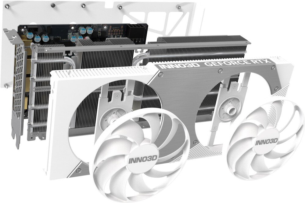 Karta graficzna INNO3D GeForce RTX 5060 Ti Twin X2 OC White 8GB Obraz ukazujący wewnętrzną budowę chłodzenia karty graficznej – widoczne rurki cieplne, radiatory i elementy aluminiowe, ciepłowody, radiator