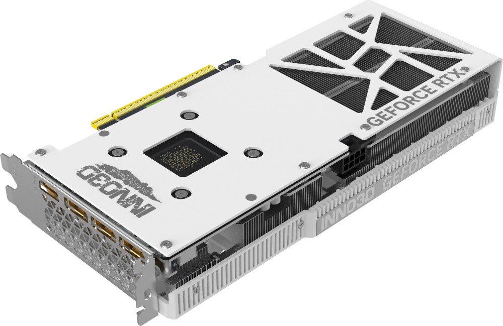 Karta graficzna INNO3D GeForce RTX 5060 Ti Twin X2 OC White 8GB Tylny widok karty graficznej z czarnym backplate’em, otworami wentylacyjnymi i logo producenta. Widoczne są także złącza DisplayPort i HDMI, metalowy backplate, wzmocnienie
