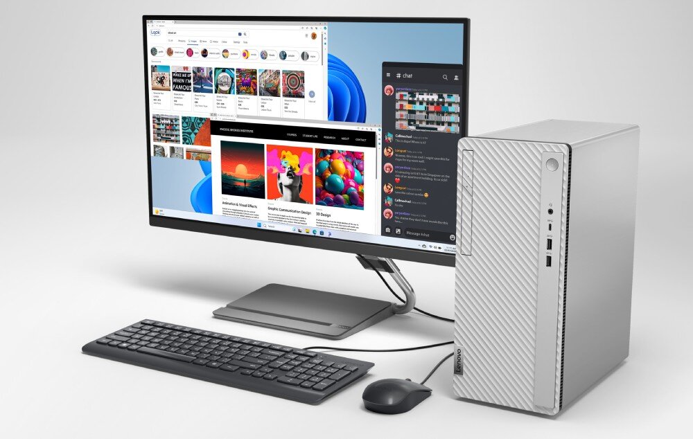Komputer LENOVO IdeaCentre Tower 14IRR9 Biurko z monitorem, klawiaturą, myszką i srebrnym komputerem stacjonarnym o falowanym froncie, na ekranie otwarte są przeglądarka internetowa i komunikator, podzespoły, procesor, rdzenie