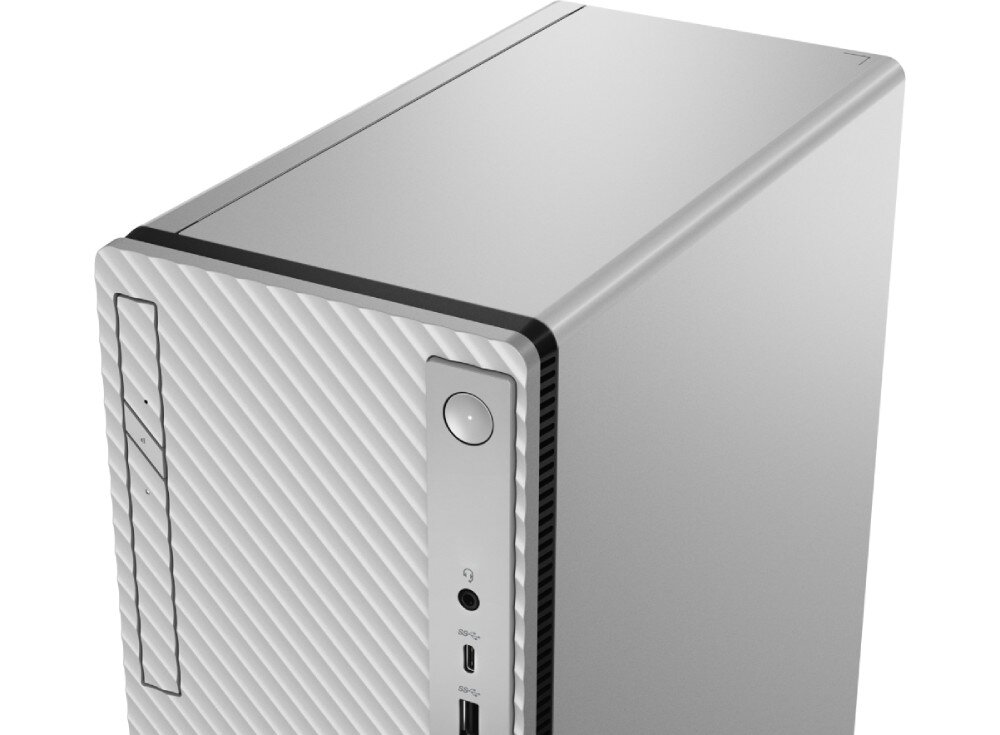 Komputer LENOVO IdeaCentre Tower 14IRR9 Zbliżenie na górną część srebrnej obudowy komputera z falistym frontem, widoczny okrągły przycisk zasilania, porty USB i złącze słuchawkowe, obudowa, wygląd