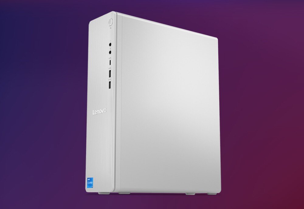 Komputer LENOVO IdeaCentre Tower 08IRH9 Biała obudowa komputera widoczna z przodu i z boku, gładki panel boczny bez otworów wentylacyjnych, procesory, pamięć RAM