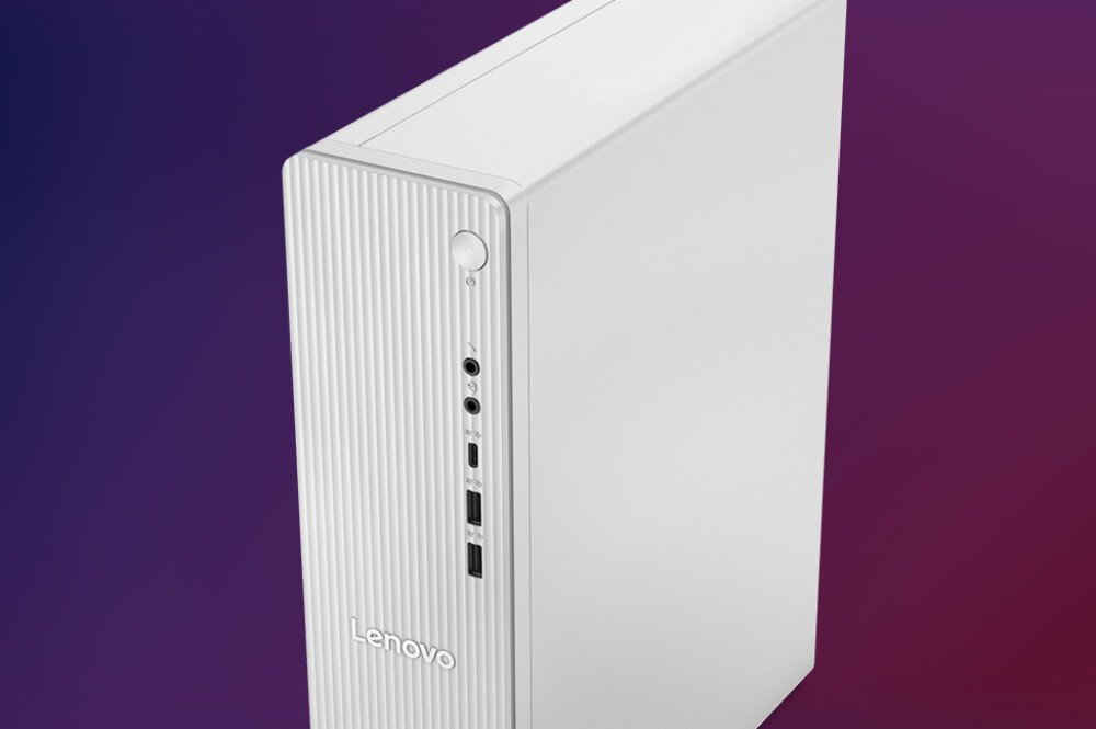 Komputer LENOVO IdeaCentre Tower 08IRH9 Górna część białej obudowy z widocznym przyciskiem zasilania i złączami na froncie, materiały, recykling