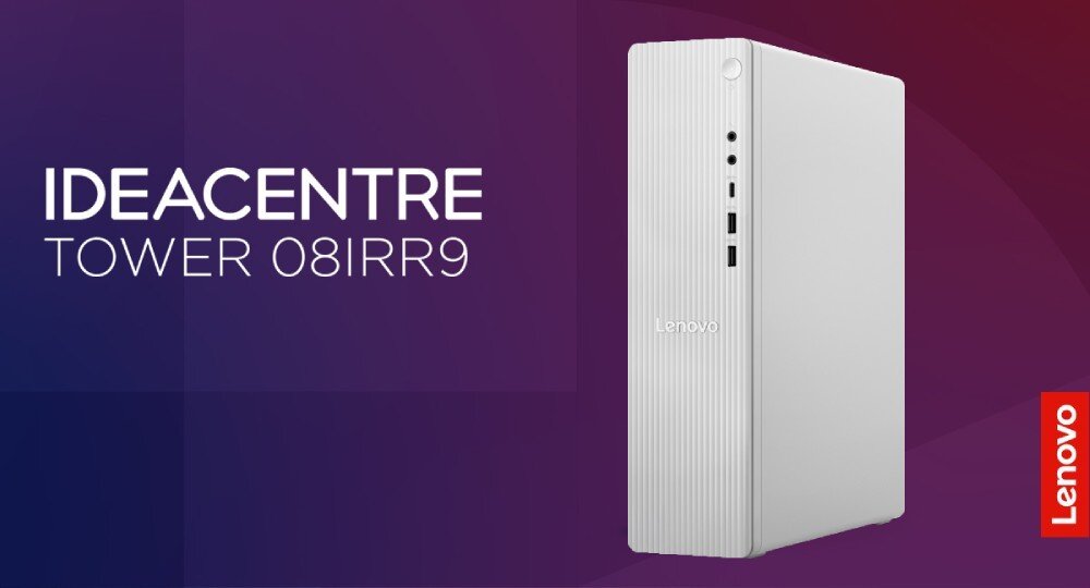 Komputer LENOVO IdeaCentre Tower 08IRR9 Biała obudowa komputera z pionowymi żłobieniami na froncie, obok napis 'IDEACENTRE Tower 08IRR9' na tle fioletowo-czerwonego gradientu, opis