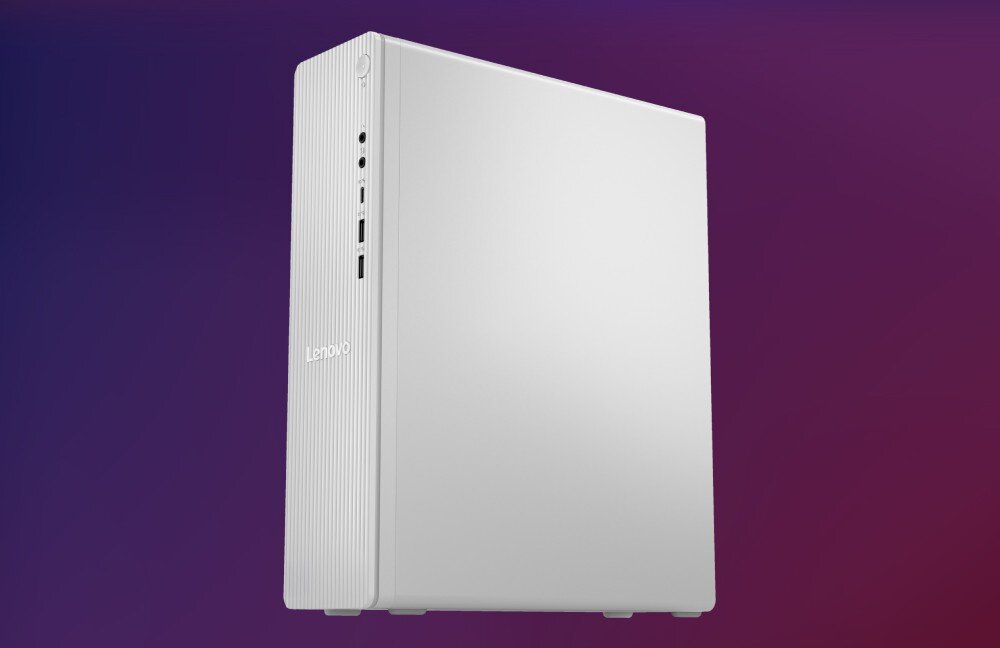 Komputer LENOVO IdeaCentre Tower 08IRR9 Biała obudowa komputera widoczna z przodu i z boku, z gładkim panelem bocznym bez otworów, podzespoły, procesor, karta graficzna, pamięć RAM, taktowanie