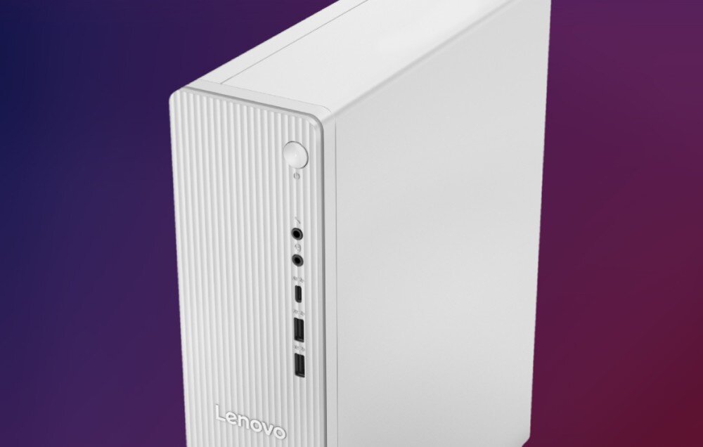 Komputer LENOVO IdeaCentre Tower 08IRR9 Górna część białej obudowy z widocznym przyciskiem zasilania i złączami na froncie, materiały, recykling