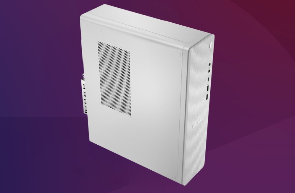 Komputer LENOVO IdeaCentre Tower 08IRR9 Widok z góry na białą obudowę z boczną kratką wentylacyjną i przednim panelem z portami, dysk, pojemność