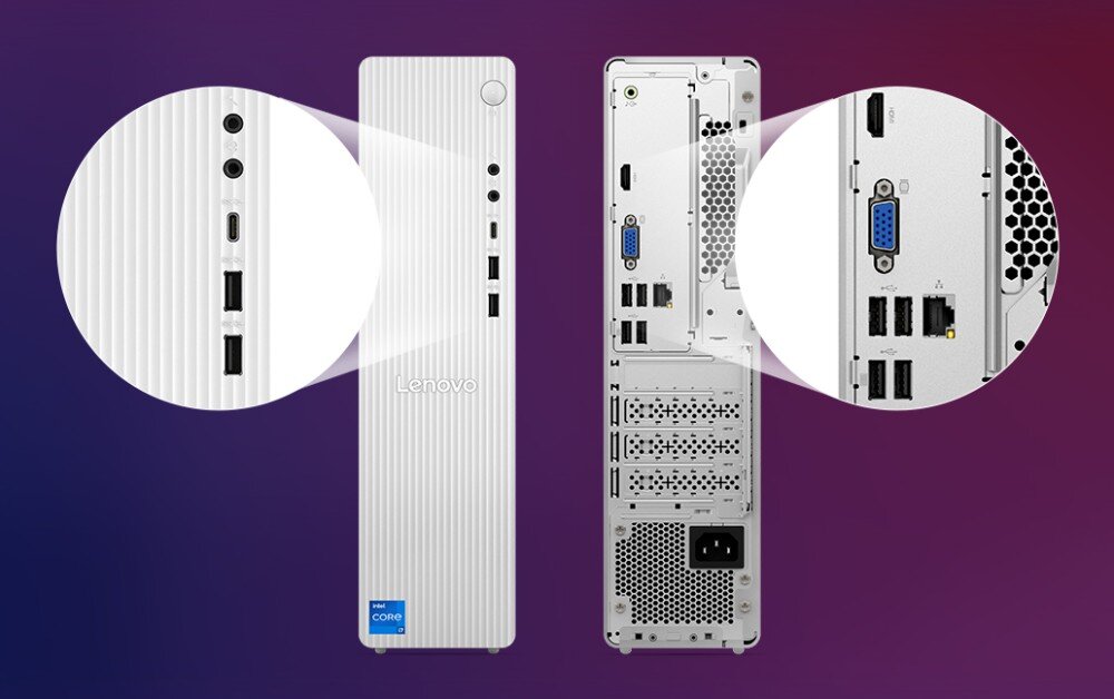 Komputer LENOVO IdeaCentre Tower 08IRH9 Biała obudowa komputera stacjonarnego pokazana od przodu i z tyłu, z powiększeniem fragmentów portów USB i audio na froncie oraz portów VGA, HDMI i sieciowych z tyłu, łączność Wi-Fi, porty