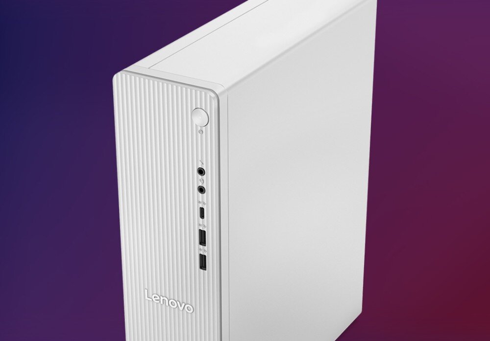 Komputer LENOVO IdeaCentre Tower 08IRH9 Zbliżenie na górną część białej obudowy komputera stacjonarnego, z widocznym przyciskiem zasilania i portami umieszczonymi pionowo na froncie, materiały, recykling