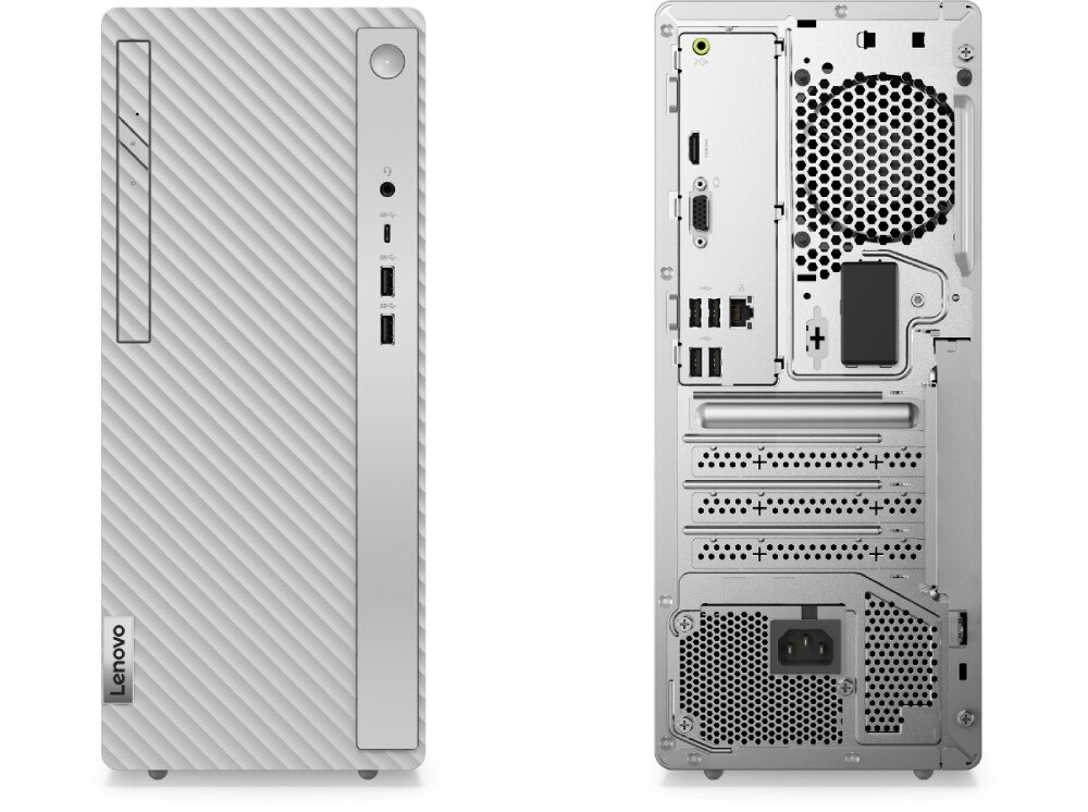 Komputer LENOVO IdeaCentre Tower 14IRR9 Widok przodu i tyłu srebrnej obudowy komputera, z przodu falisty panel z portami USB i napędem optycznym, z tyłu złącza HDMI, VGA, LAN, USB oraz kratka wentylacyjna, łączność Wi-Fi 6E, porty