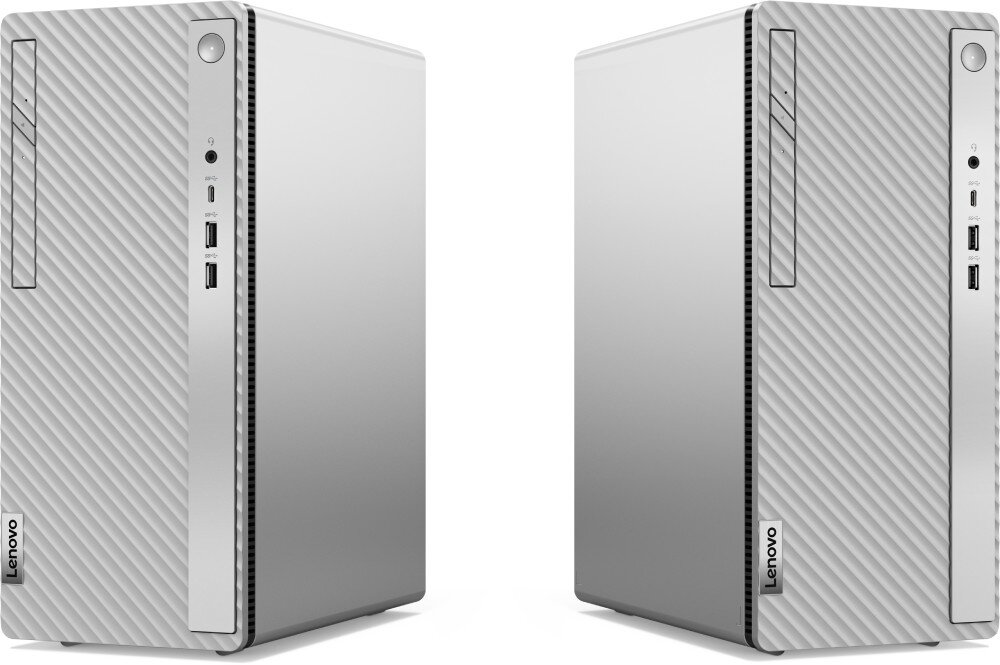 Komputer LENOVO IdeaCentre Tower 14IRR9 Dwa srebrne komputery stacjonarne ustawione obok siebie, z przodu widoczne pionowe panele z portami USB i falistą strukturą obudowy, funkcje