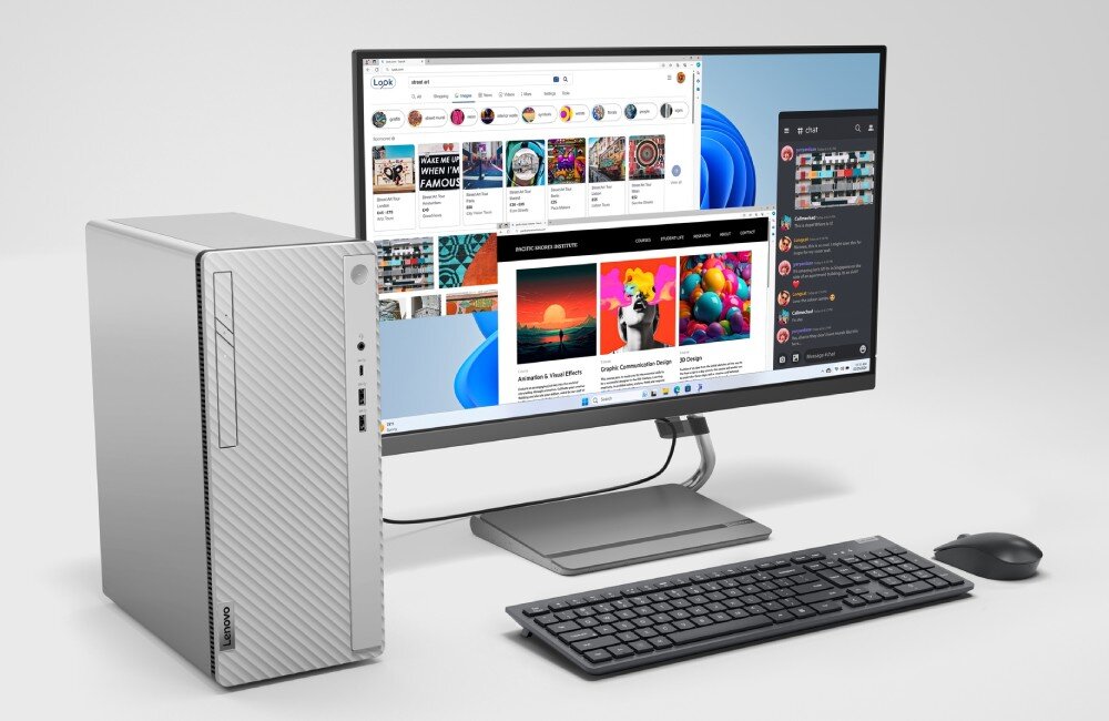 Komputer LENOVO IdeaCentre Tower 14IRR9 Biurko z monitorem, klawiaturą, myszką i srebrnym komputerem stacjonarnym o falistym froncie, na ekranie przeglądarka z kolorowymi grafikami i czat po prawej stronie, nagrywarka, Bluetooth
