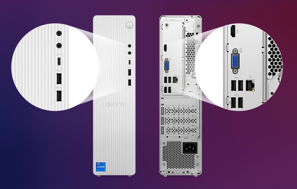 Komputer LENOVO IdeaCentre Tower 08IRH9 Zbliżenie na przedni panel z portami audio, USB i USB-C oraz na tylny panel z portami HDMI, VGA, USB i Ethernet, porty, łączność Wi-Fi 6