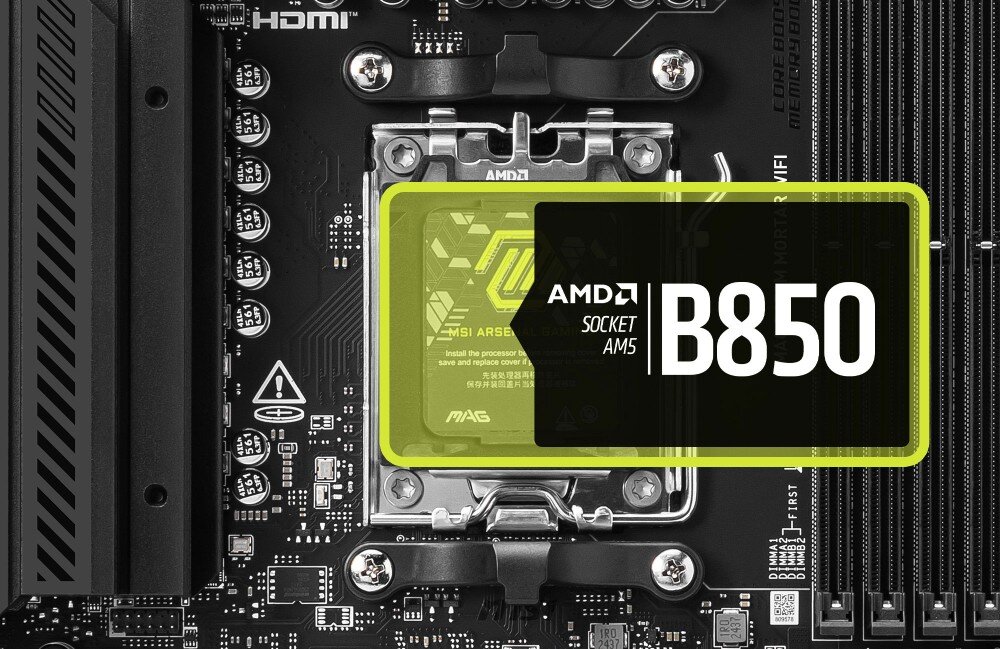 Płyta główna MSI MAG B850M Mortar WiFi zbliżenie na gniazdo procesora z oznaczeniem 'AMD Socket AM5' i napisem 'B850' w żółtej ramce