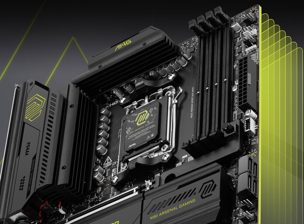 Płyta główna MSI MAG B850M Mortar WiFi perspektywiczny widok górnej części płyty z gniazdem procesora i czterema slotami pamięci RAM, żółte podświetlenie akcentuje elementy konstrukcji