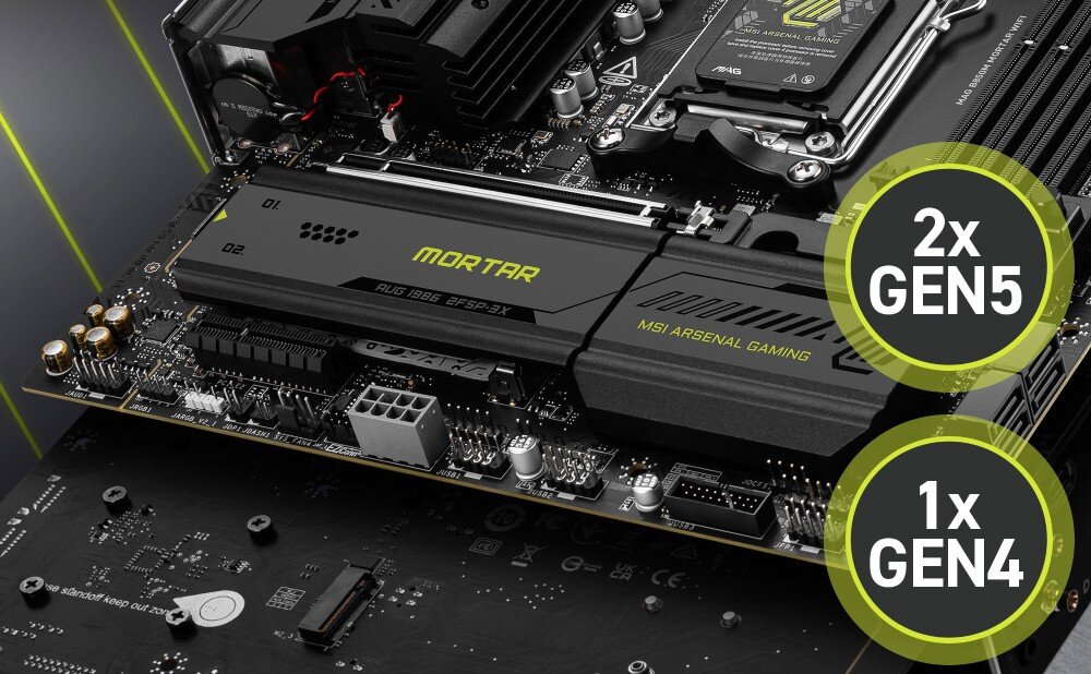 Płyta główna MSI MAG B850M Mortar WiFi dolna część płyty z trzema złączami M.2, na grafice zaznaczone dwa złącza 'Gen5' i jedno 'Gen4', widoczny radiator z napisem 'MSI Arsenal Gaming'