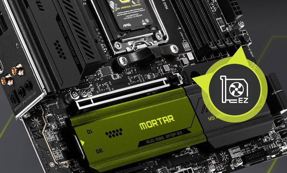 Płyta główna MSI MAG B850M Mortar WiFi zbliżenie na sekcję chłodzenia dysków M.2 z napisem 'Mortar' i oznaczeniem 'EZ', symbolizującym łatwy montaż