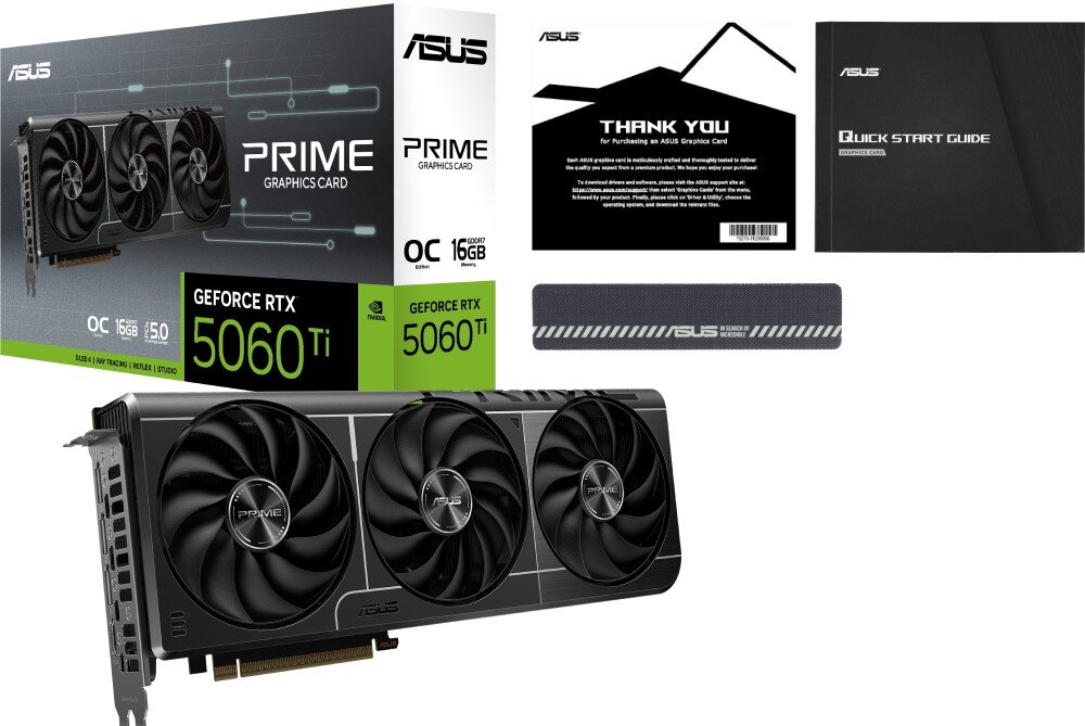 Karta graficzna ASUS GeForce RTX 5060 Ti Prime OC 16GB DLSS 4 Zestaw karty graficznej pokazany obok opakowania, przewodnika szybkiego startu, podziękowania oraz podpórki stabilizującej, opakowanie